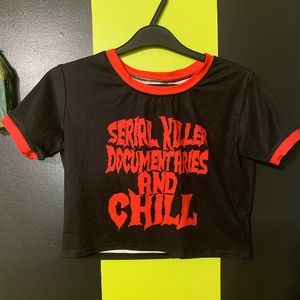 Black and Red Graphic Crop Top - 'Serial Killer Documentaries and Chill'
